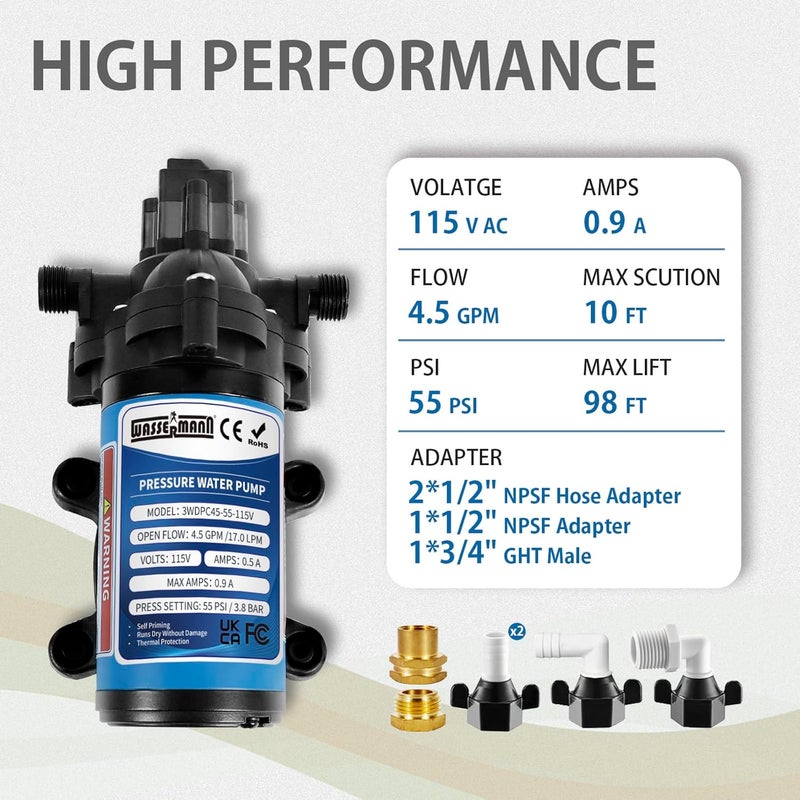 wassermann Water Pressure Booster Pump 115 Volt AC 4.5GPM 55PSI,Water Pump Self Priming Diaphragm Pump with Pressure Switch for Kitchen Bathroom Marine Yacht Garden - Image 2